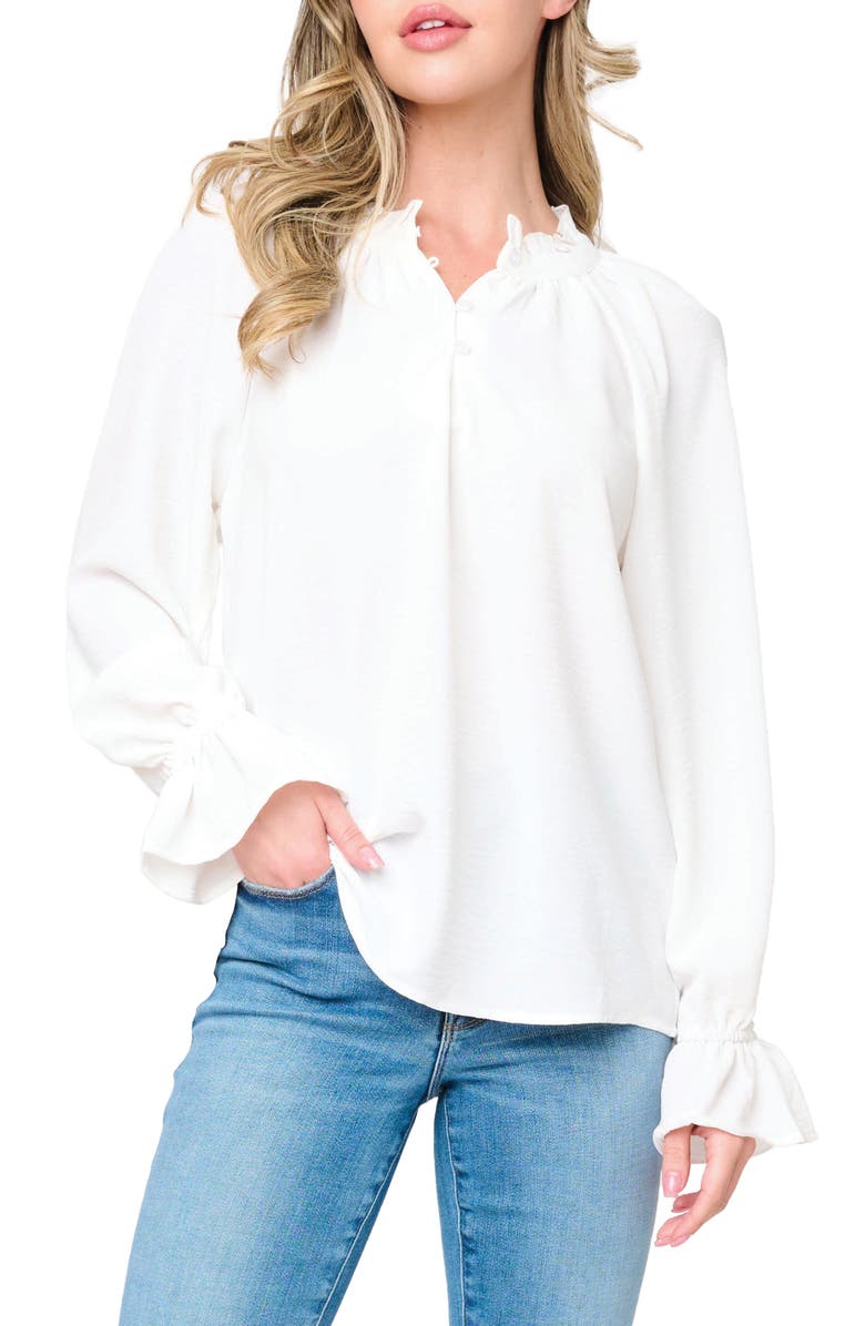 GIBSONLOOK Chloe Boho Ruffle Button-Up Shirt, Main, color, White