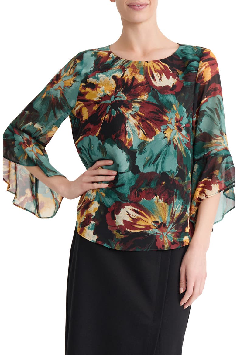 Ruffle Sleeve Floral Chiffon Top, Main, color, EVERGREEN MULTI