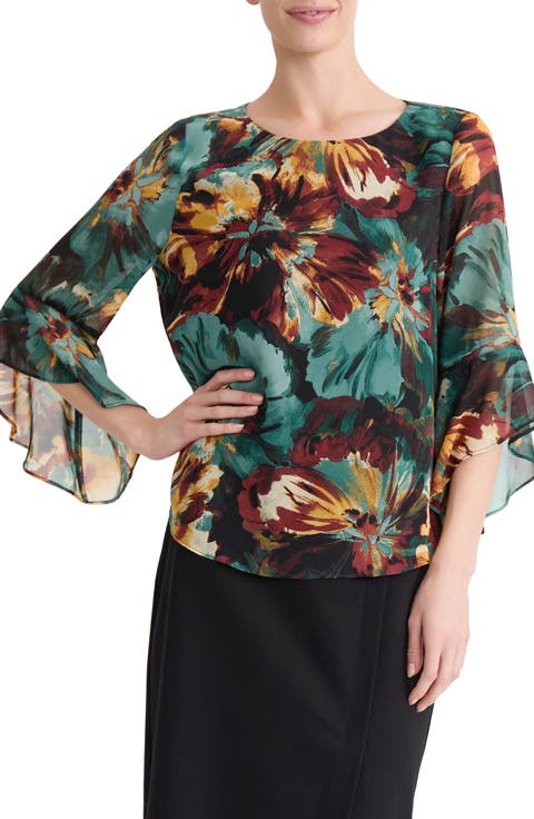 Ruffle Sleeve Floral Chiffon Top