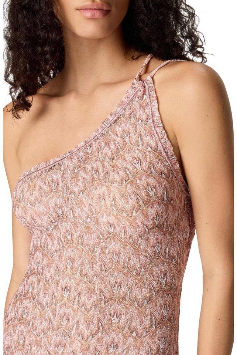 One-shoulder Dress In Lamé Viscose With Foliage Motif, Alternate, color, Multicoloured