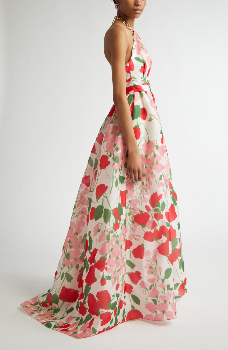 Carolina Herrera Chain Strap Floral Silk Gazar Halter Gown, Alternate, color,