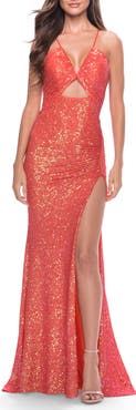 La Femme Sequin Long Dress with Triangle Cut Out in Hot Coral