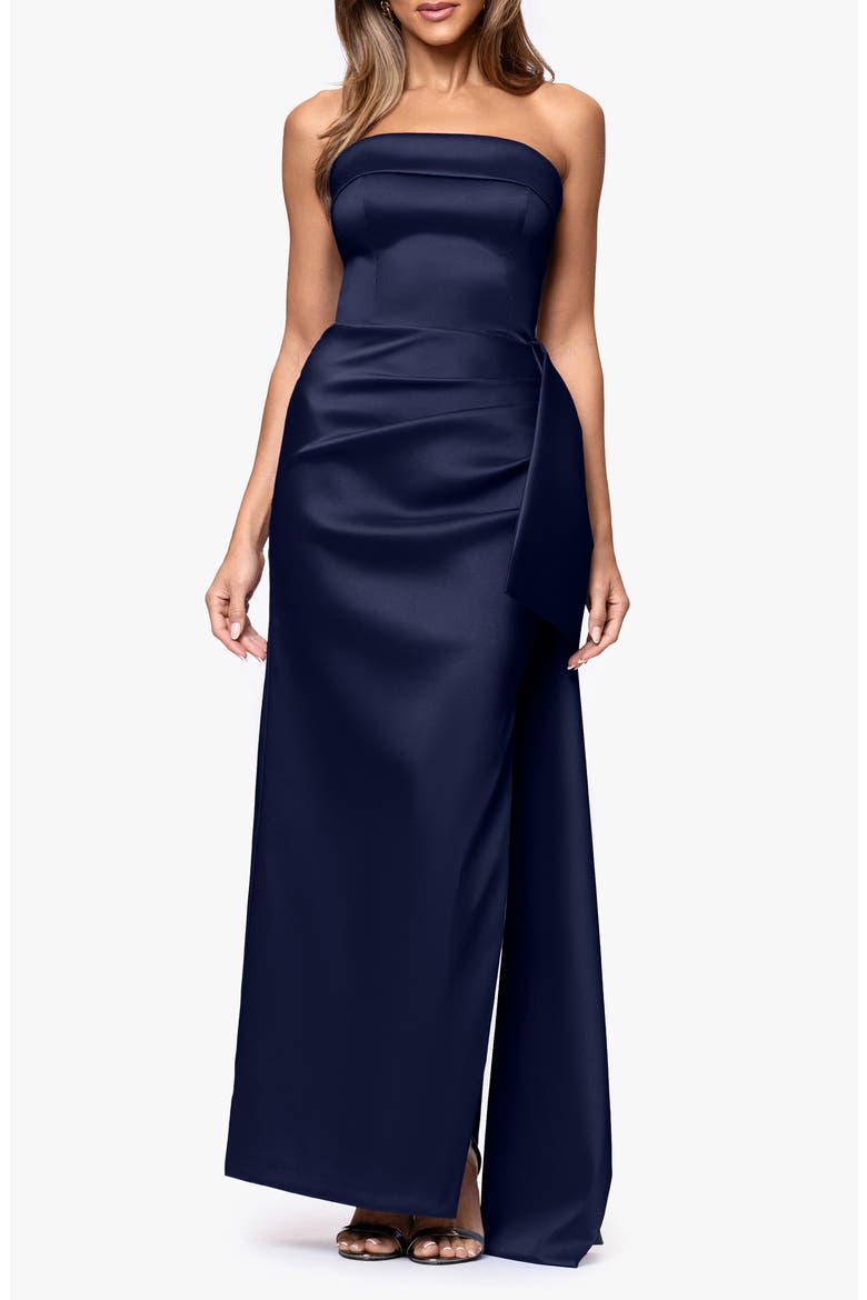 Ruffle Strapless Mikado Column Gown, Main, color, NAVY