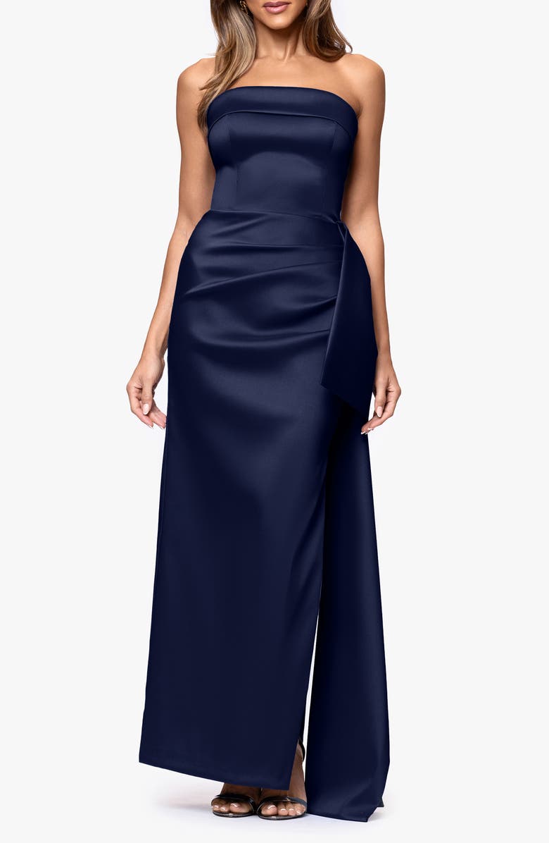 Xscape Evenings Ruffle Strapless Mikado Column Gown, Main, color, Navy