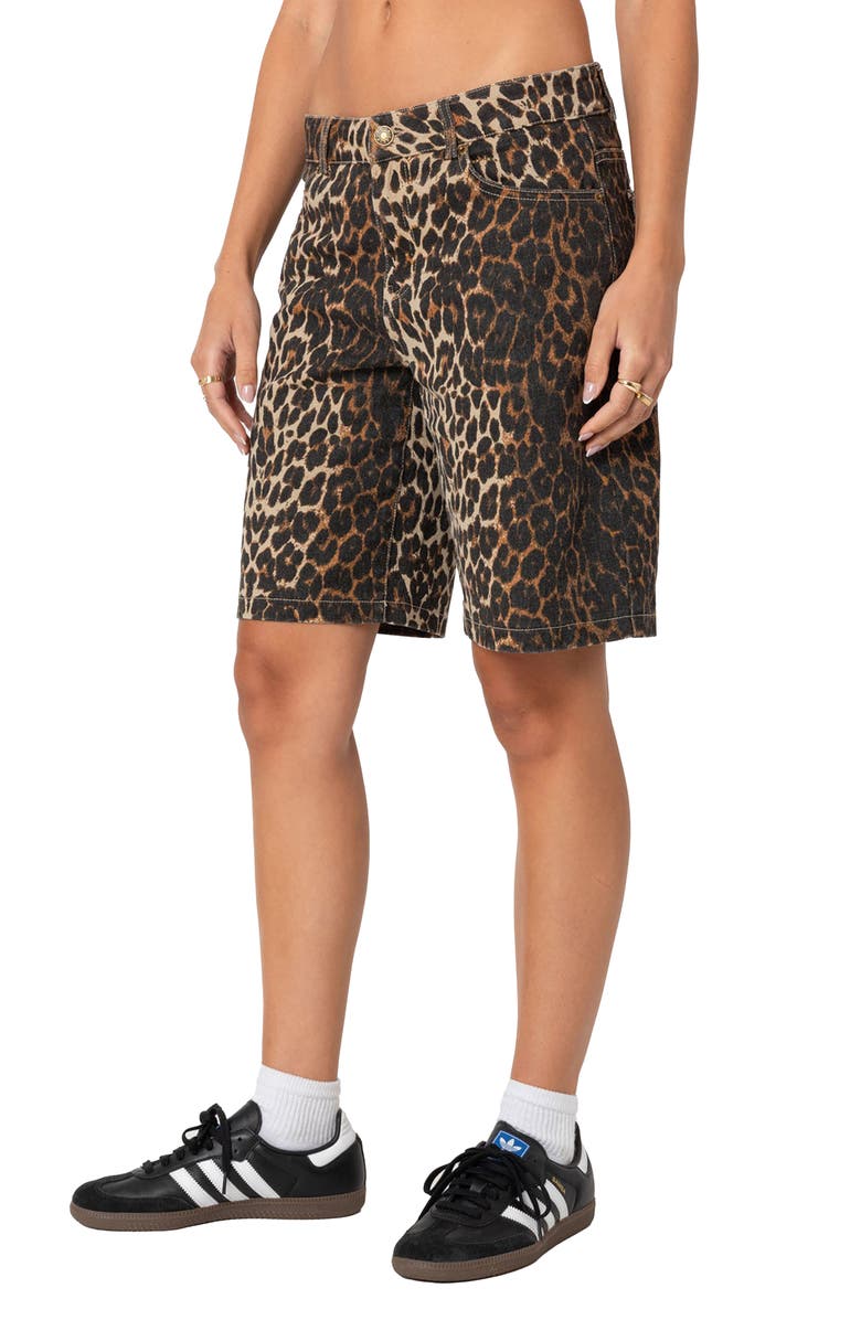EDIKTED Low Rise Denim Bermuda Shorts, Alternate, color, Leopard