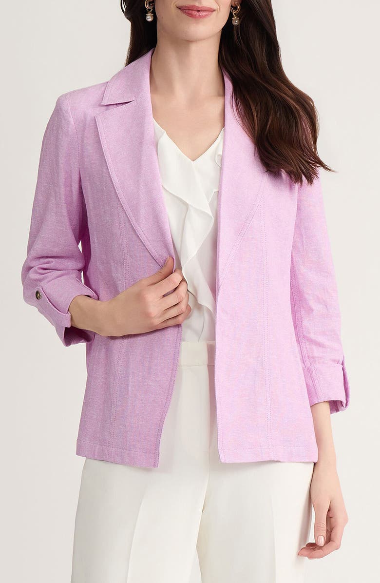 KASPER Open Front Linen Blend Blazer, Main, color, Cosmo Pink/ Lily White