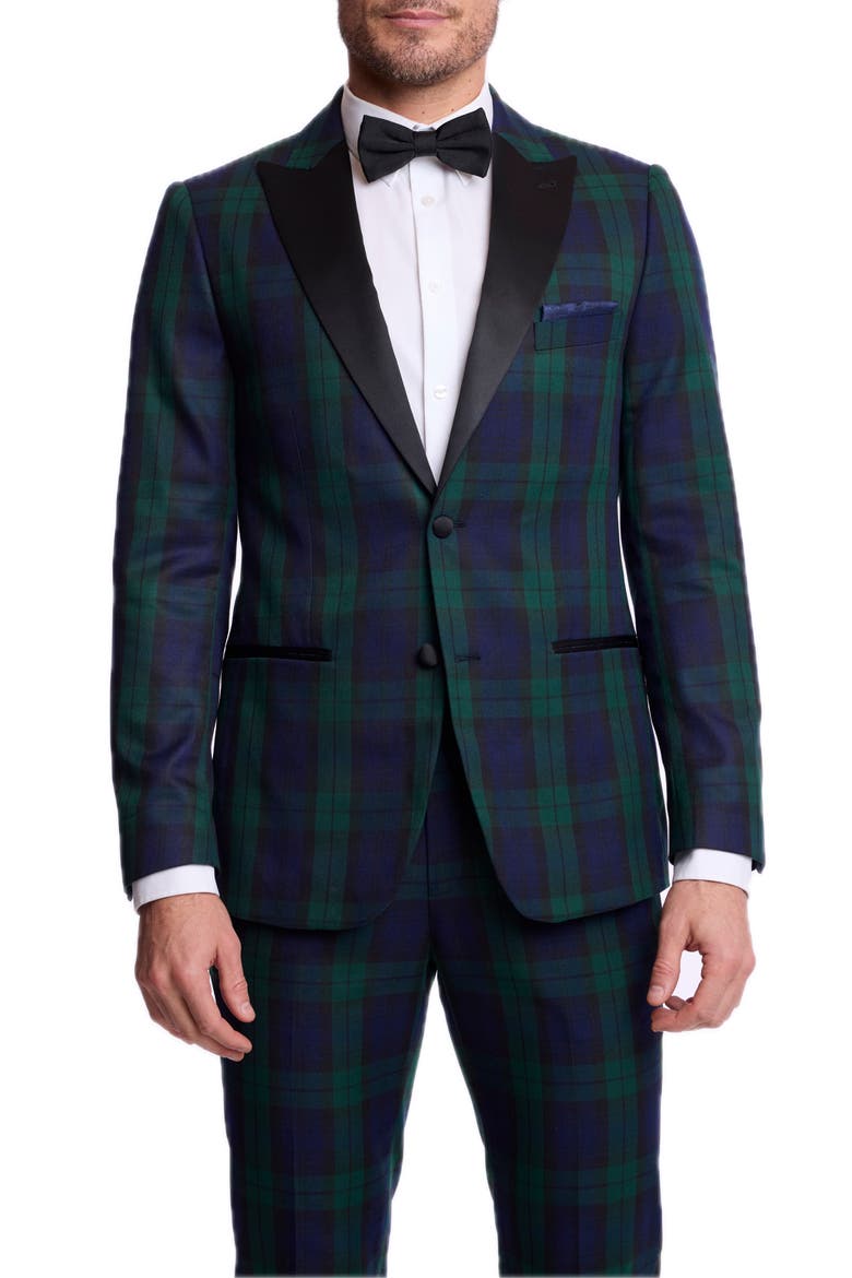 Kyle Peak Lapel Tuxedo Jacket, Main, color, BLACK WATCH TARTAN