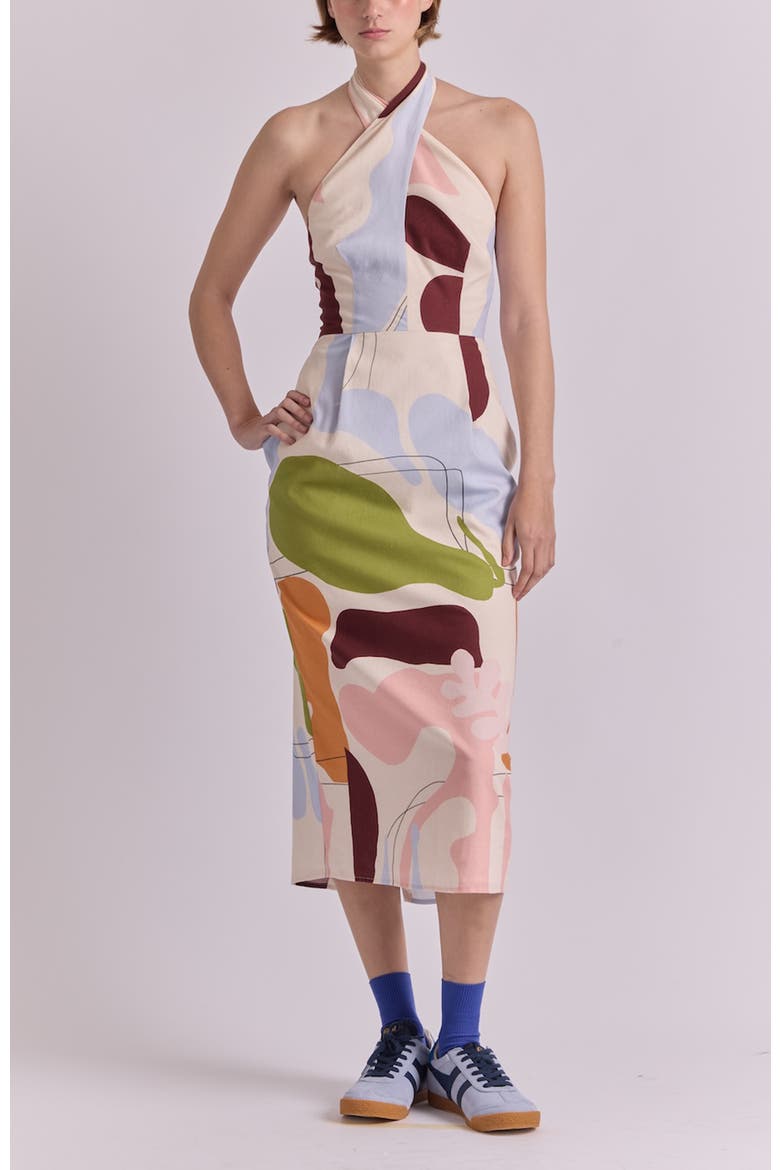 Georgia Cross Neck Linen Midi Dress, Main, color, Hojas White Print