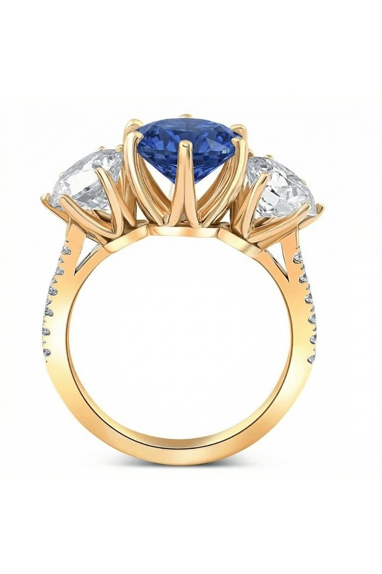Certified 6 3/4Ct Blue Sapphire Diamond Ring Three Stone Gold Lab Grown, Alternate, color, 10k Yellow Gold