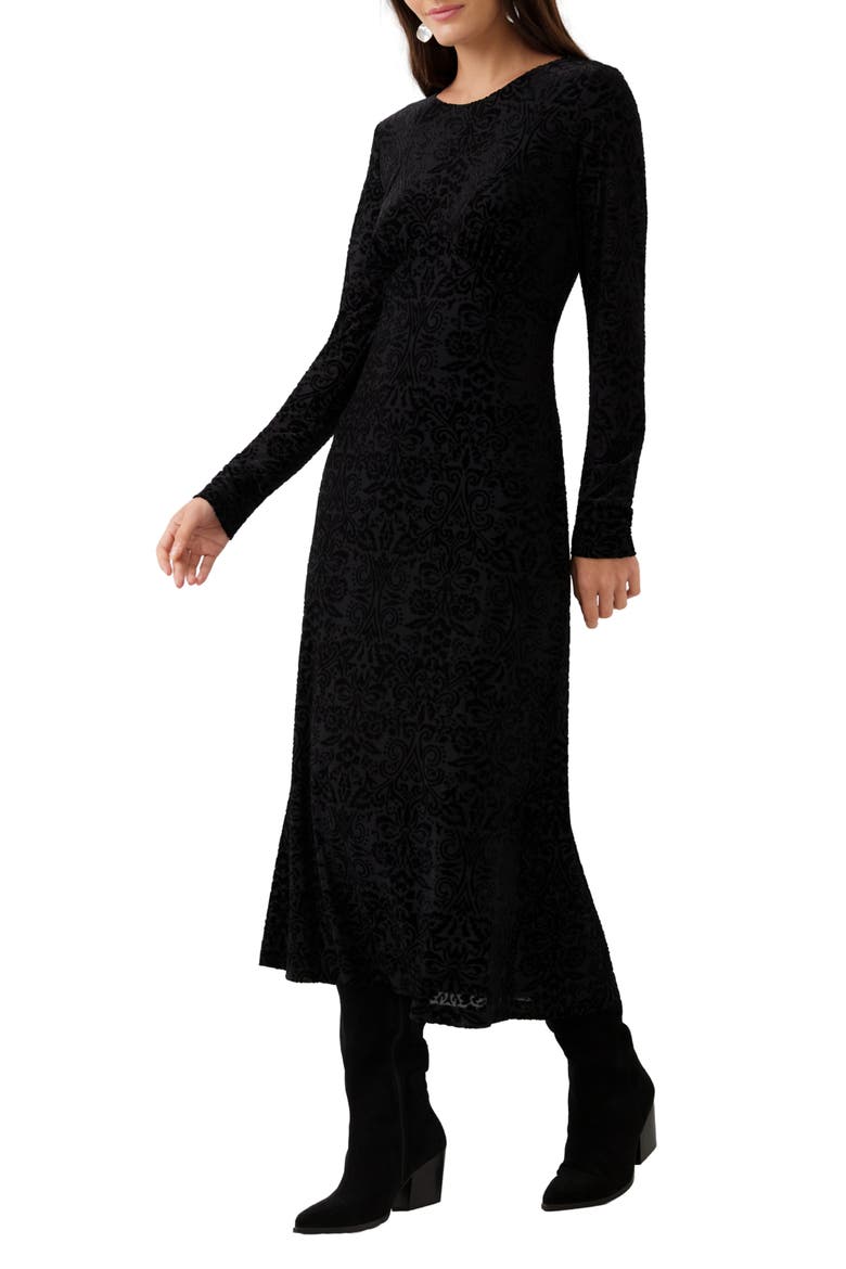 Velvet Burnout Midi Dress, Alternate, color, BLACK