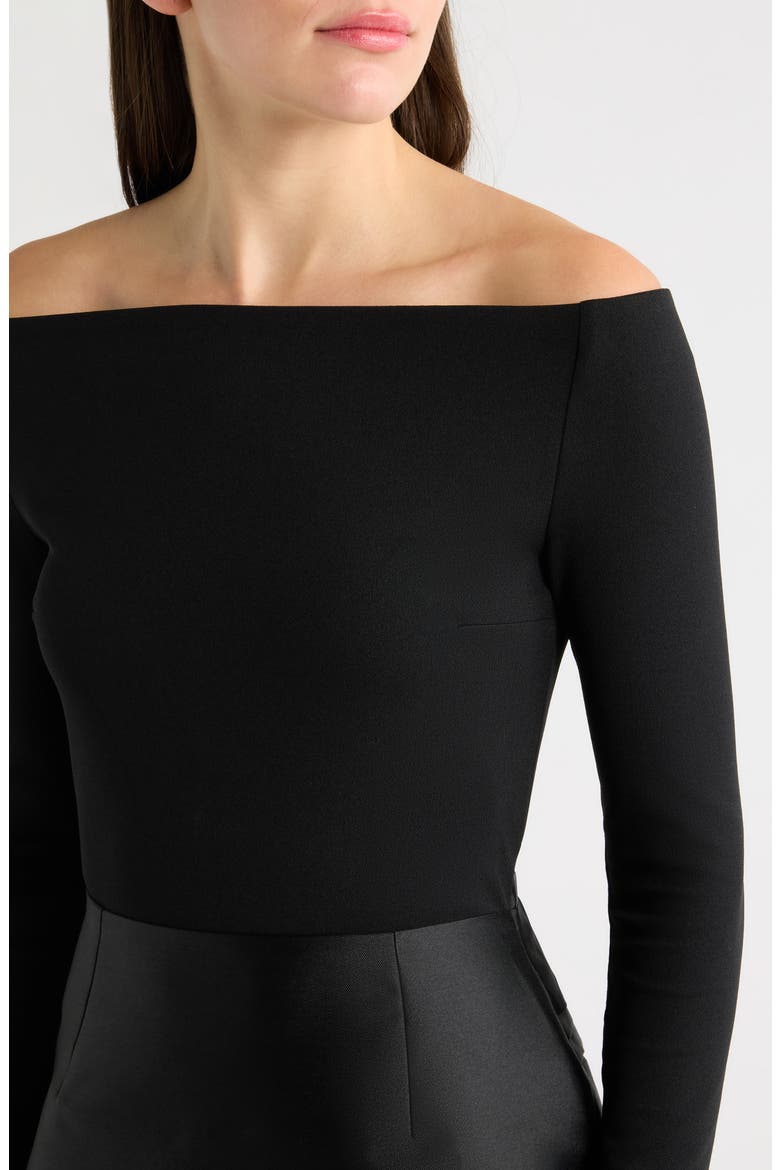 Winslow Off the Shoulder Long Sleeve Crepe & Satin Gown, Alternate, color, BLACK
