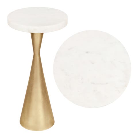 Ziggy 22" Contemporary Designer Metal Drink Table and Decorative End Table with White Marble Round Top and Cone Pedestal Base