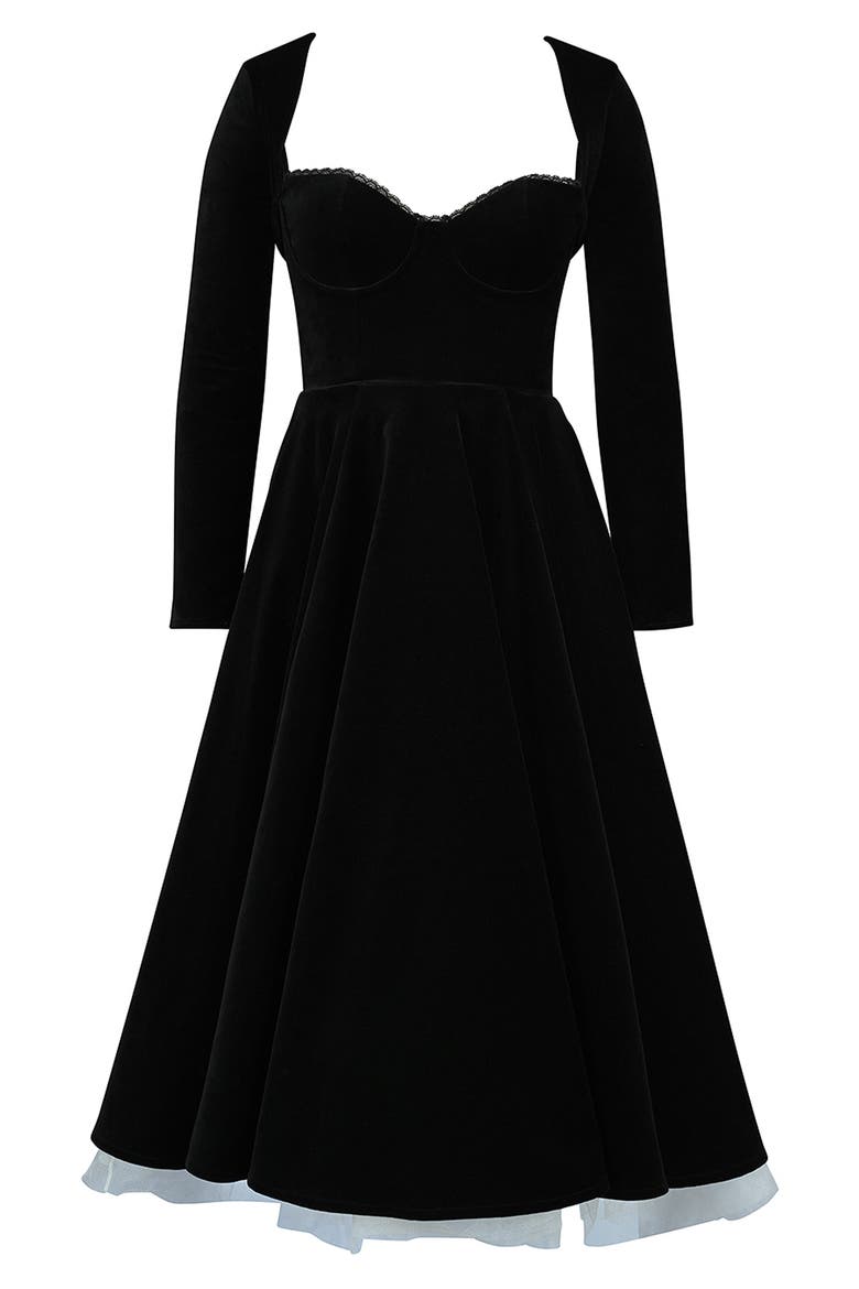 Mademoiselle Long Sleeve Midi Cocktail Dress, Alternate, color, BLACK