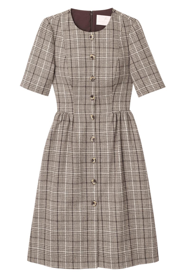 Jeanie Woodland Plaid Button Front Dress, Alternate, color, NEUTRAL