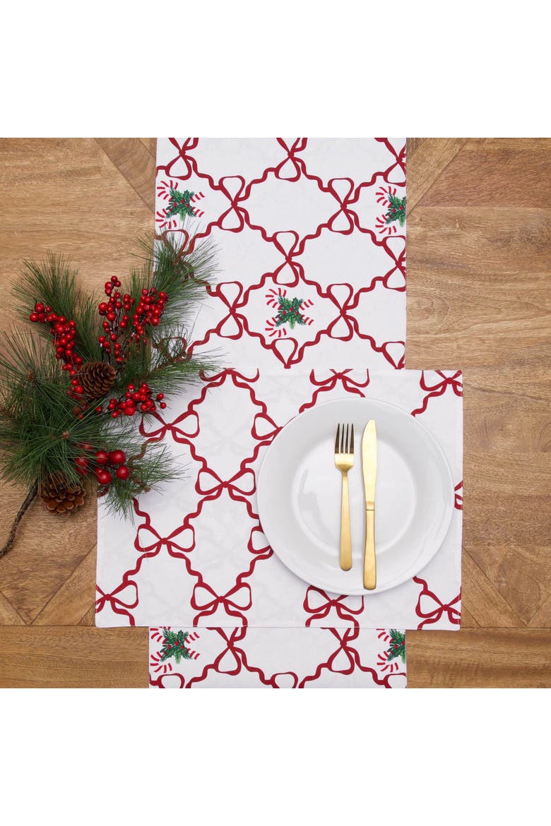 Botanical Candy Cane Bows Christmas Tabletop Runner 14" x 72", Alternate, color, White