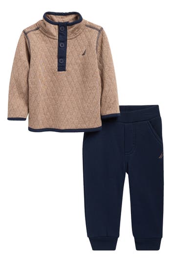 Nautica Half Zip Quilted Pullover & Joggers Set In Brown