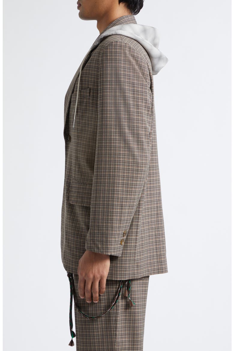 Square Glen Plaid Single Breasted Blazer with Drawstring Hood, Alternate, color, BROWN