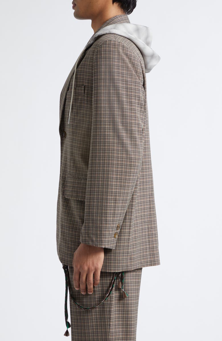 SONG FOR THE MUTE Square Glen Plaid Single Breasted Blazer with Drawstring Hood, Alternate, color, Brown