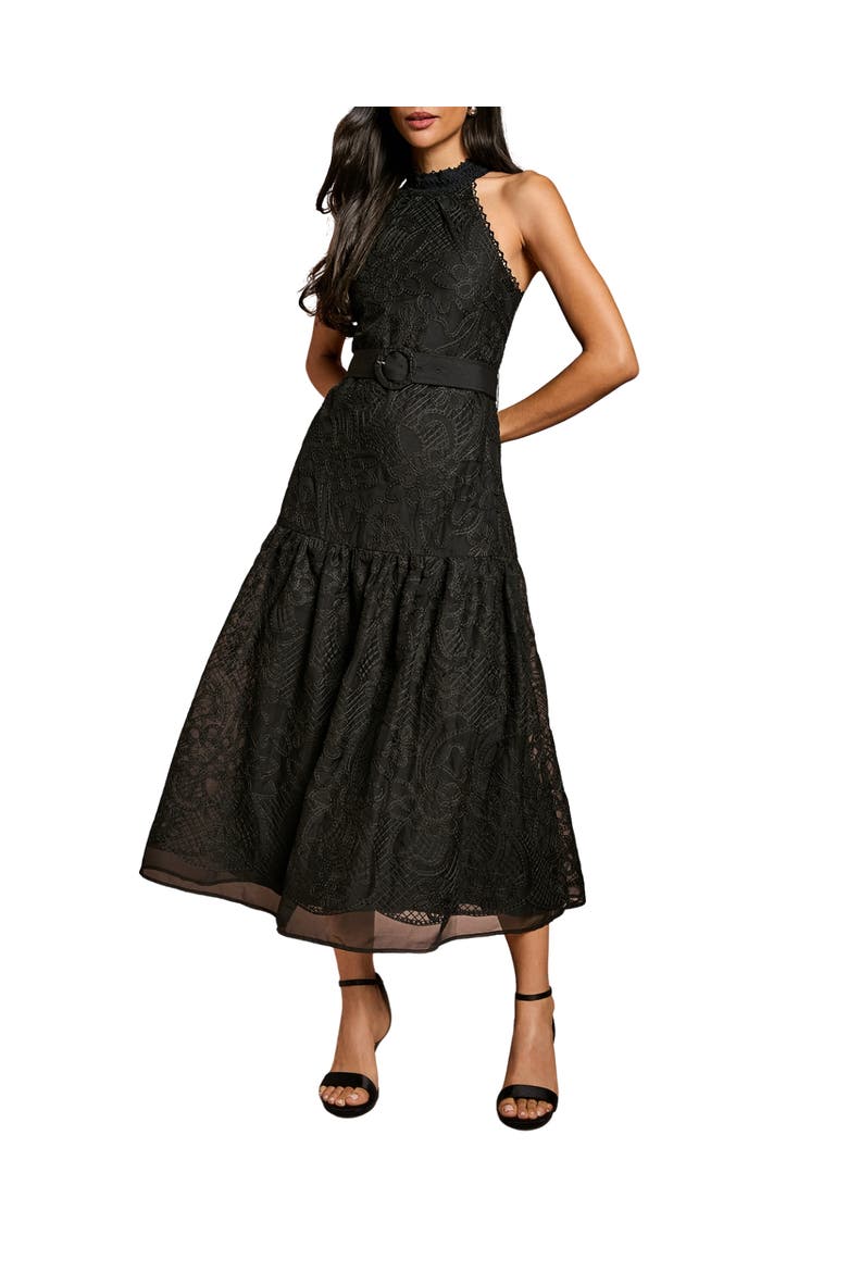 Lace Organza Belted Halter Midi Dress, Main, color, Black