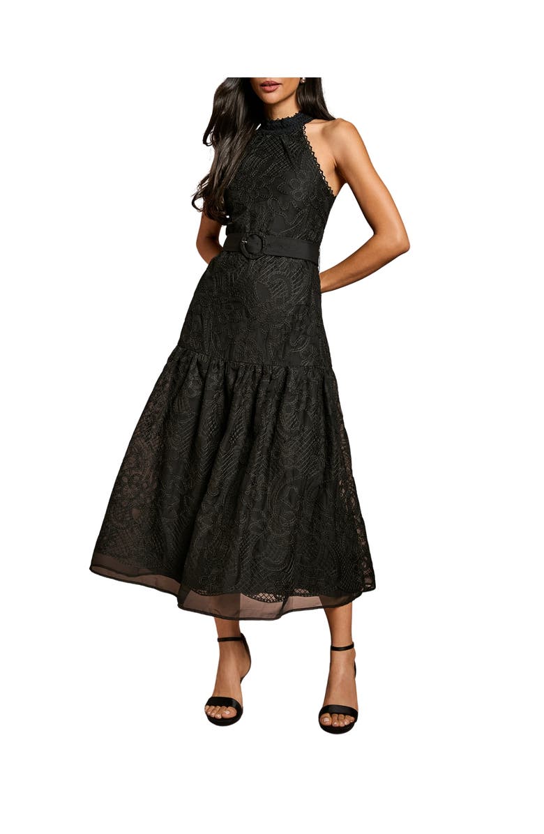 Coast Lace Organza Belted Halter Midi Dress, Main, color, Black