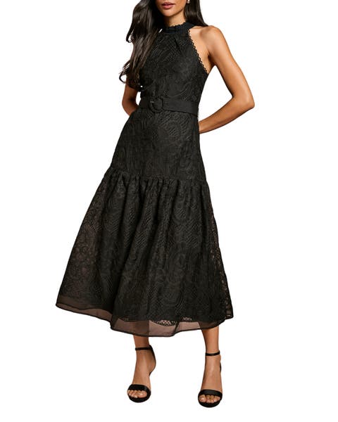 Lace Organza Belted Halter Midi Dress