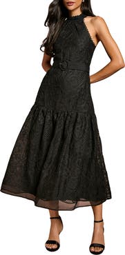 Coast Lace Organza Belted Halter Midi Dress