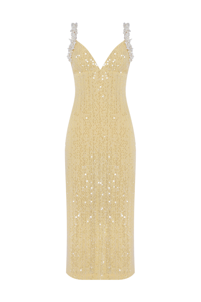 Iara Crochet Flowers Midi Dress, Main, color, YELLOW