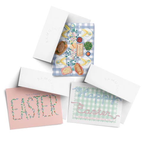 Easter Greeting Card Pack, 'Gingham Ribbons, Table, Pink'