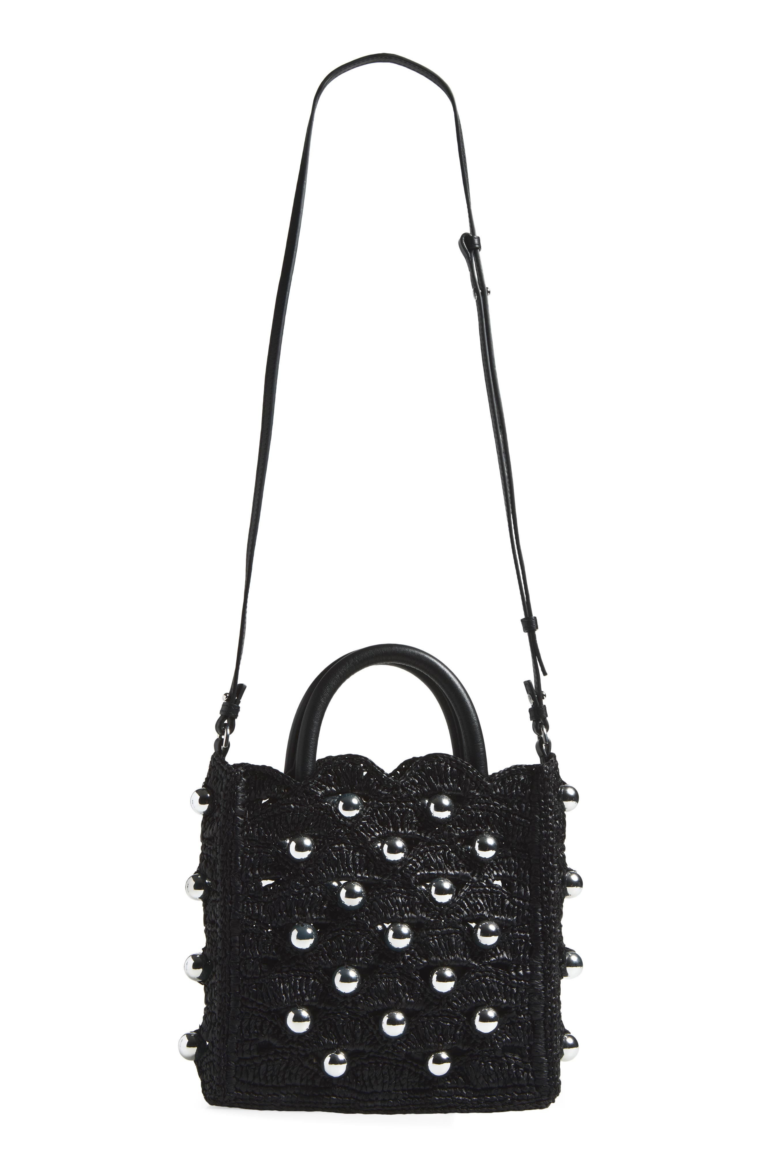 Small Raffia Tote Bag, Alternate, color, BLACK / SILVER