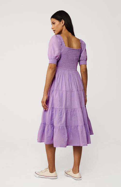 LANDS' END LANDS' END SMOCKED COTTON DOBBY MIDI PUFF SLEEVE DRESS