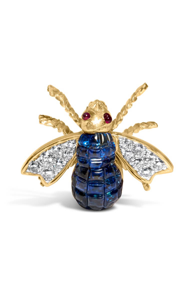 18K Yellow Gold 3/8 Cttw Diamond and Blue Sapphire Bumblebee Brooch Pin, Main, color, Yellow