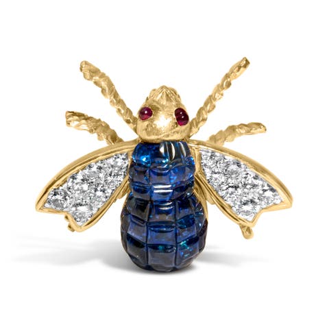 18K Yellow Gold 3/8 Cttw Diamond and Blue Sapphire Bumblebee Brooch Pin