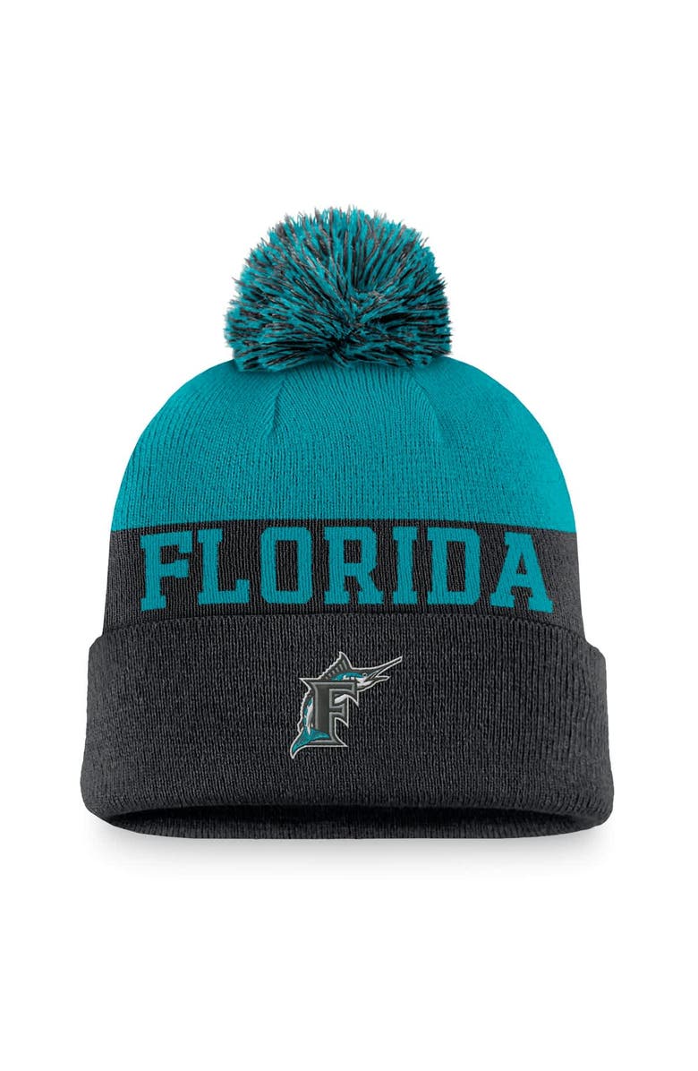 Nike Men's Nike Black Florida Marlins Rewind Peak Cuffed Knit Hat with Pom, Main, color, 