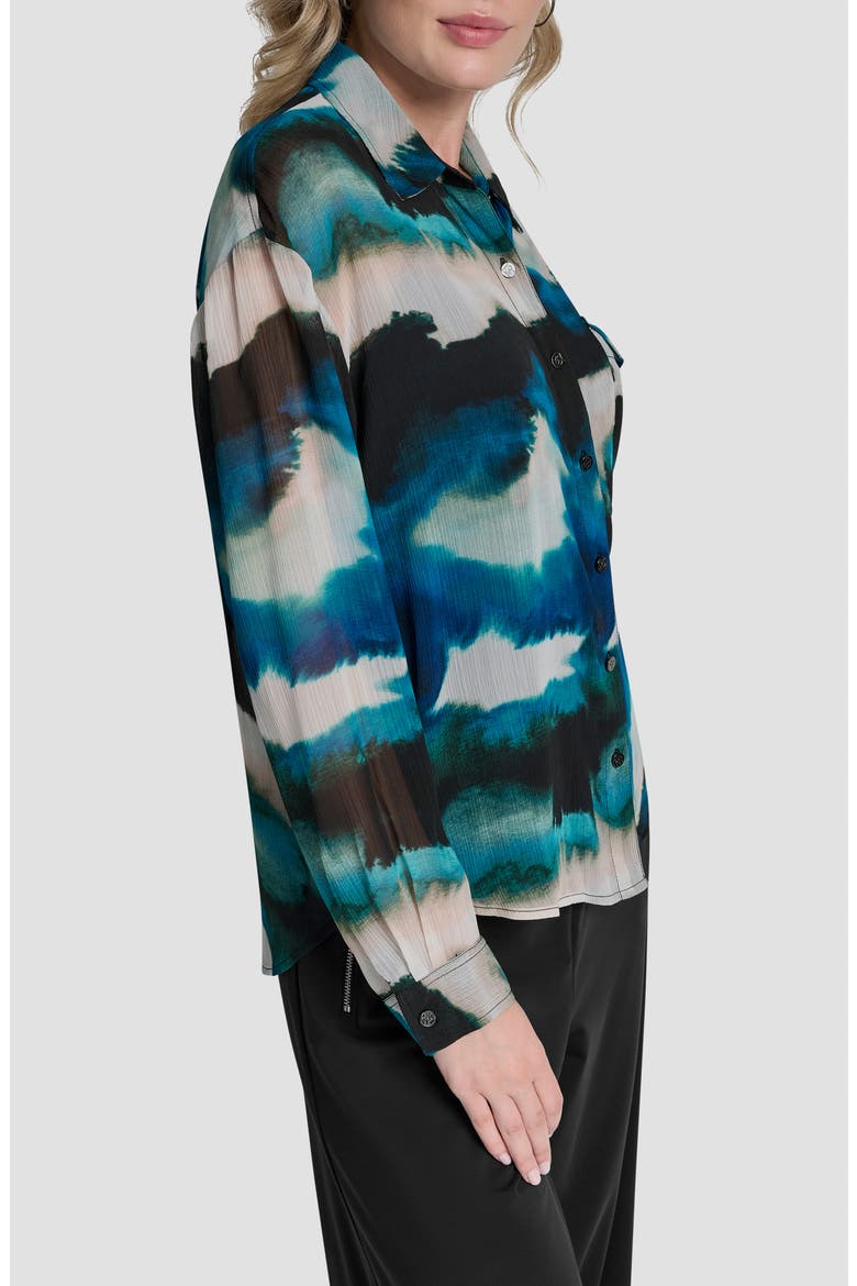 Print Long Sleeve Button-Up Chiffon Shirt, Alternate, color, MARBLED OCEAN