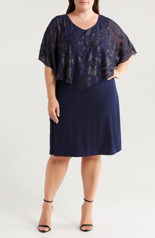 Connected Apparel Floral Jacquard Cape Overlay Cocktail Dress in Midnight 