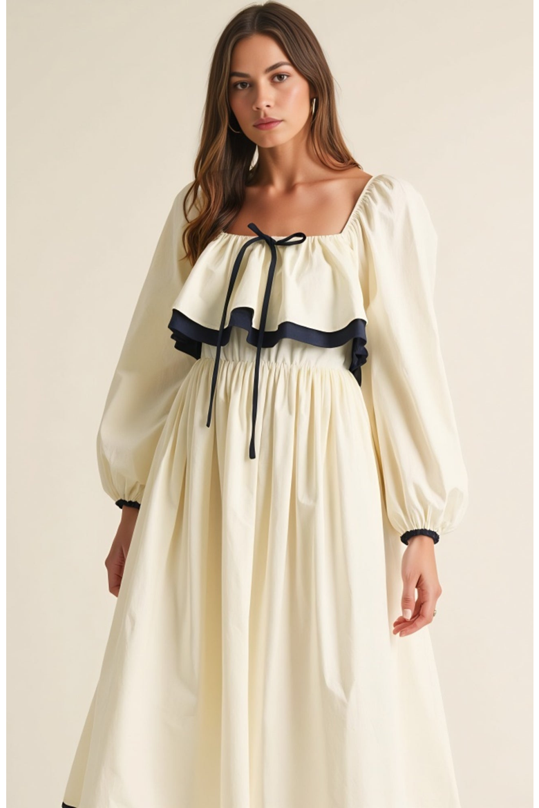 Long Sleeve Ruffle Trim Midi Dress with Tie Front Detail, Alternate, color, Off-white / Cream