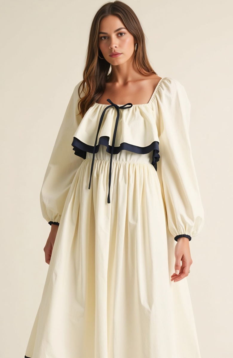 Modenaire Long Sleeve Ruffle Trim Midi Dress with Tie Front Detail, Alternate, color,