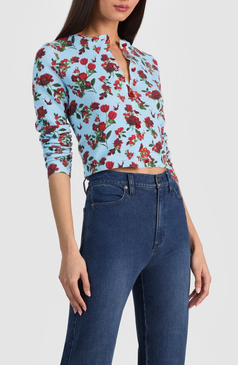 Alice + Olivia Carson Floral Print Cardigan, Alternate, color, American Beauty Carolina Blue