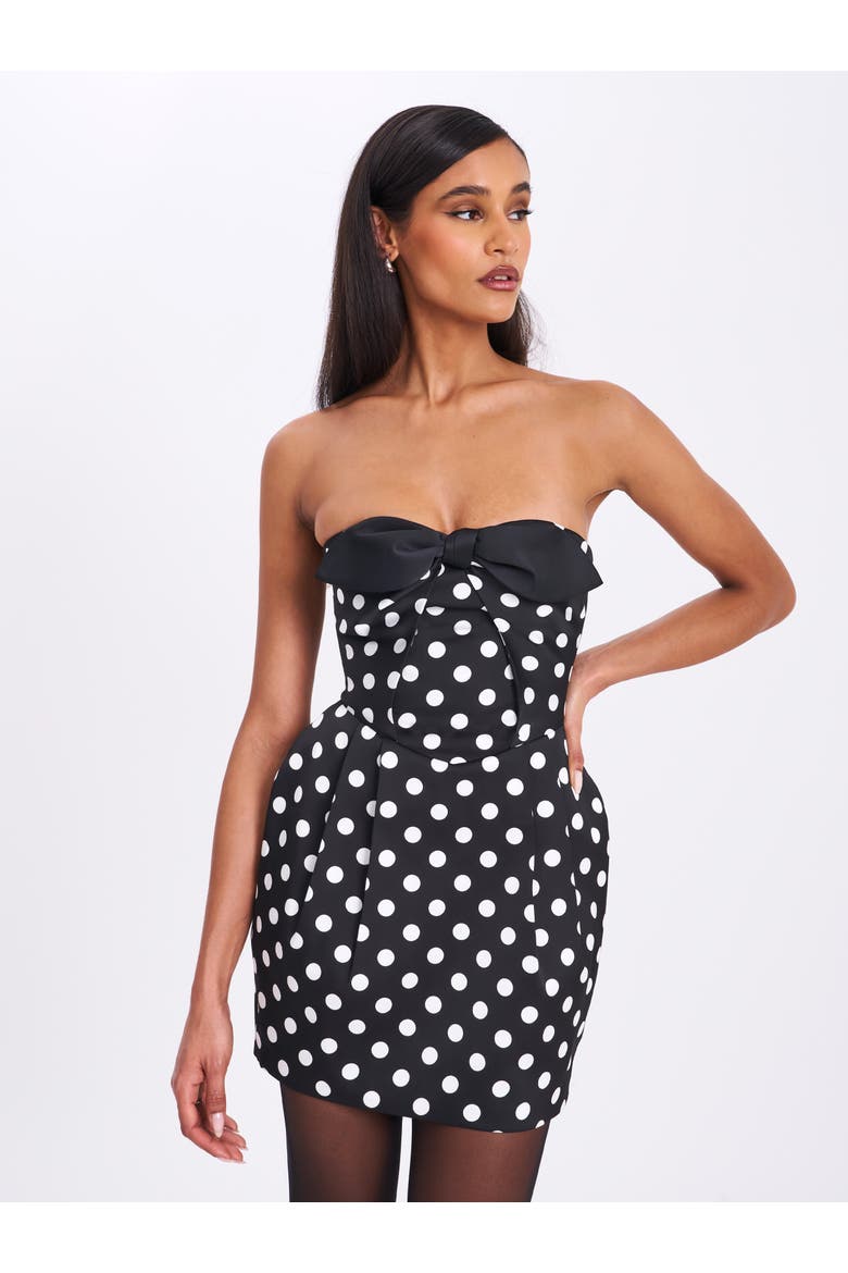 Tahira Polka Strapless Mini Dress with Bow, Main, color, Black with polka dots