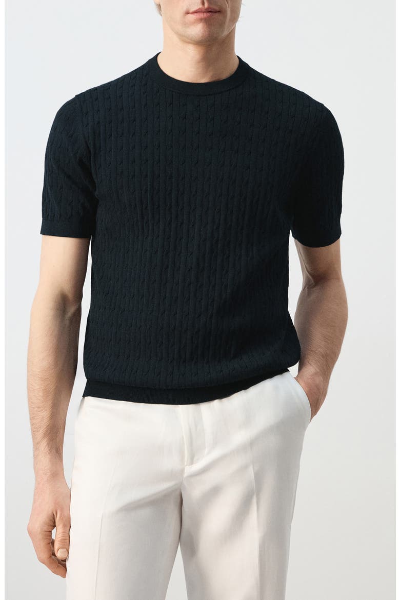 Cable Stitch Short Sleeve Cotton Sweater, Main, color, NIGHT BLUE