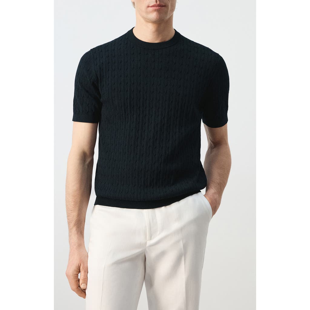 MANGO Cable Stitch Short Sleeve Cotton Sweater in Night Blue at Nordstrom, Size Small