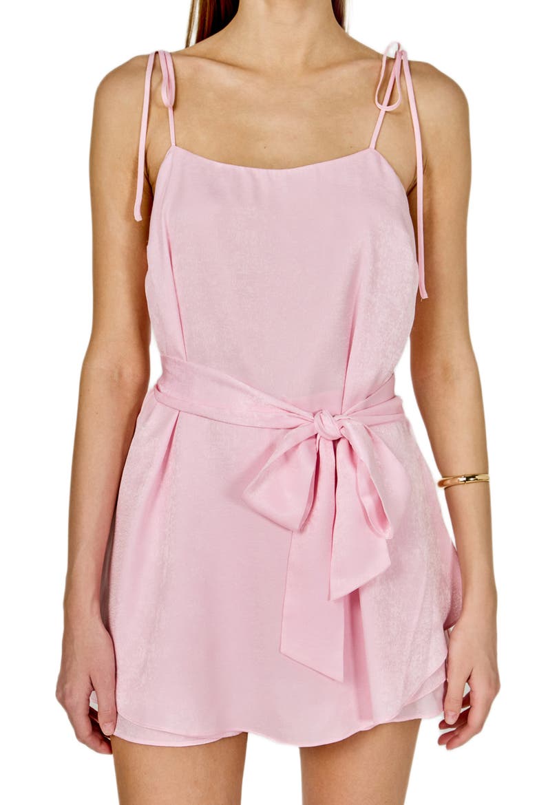 Tie Strap Belted Satin Romper, Alternate, color, BABY PINK