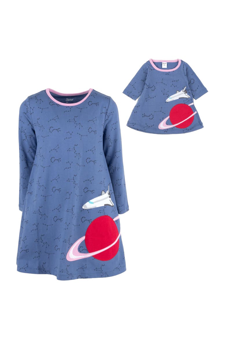 Girls Cotton Dress with Matching Doll Dress, Printed Design, Alternate, color, PLANET