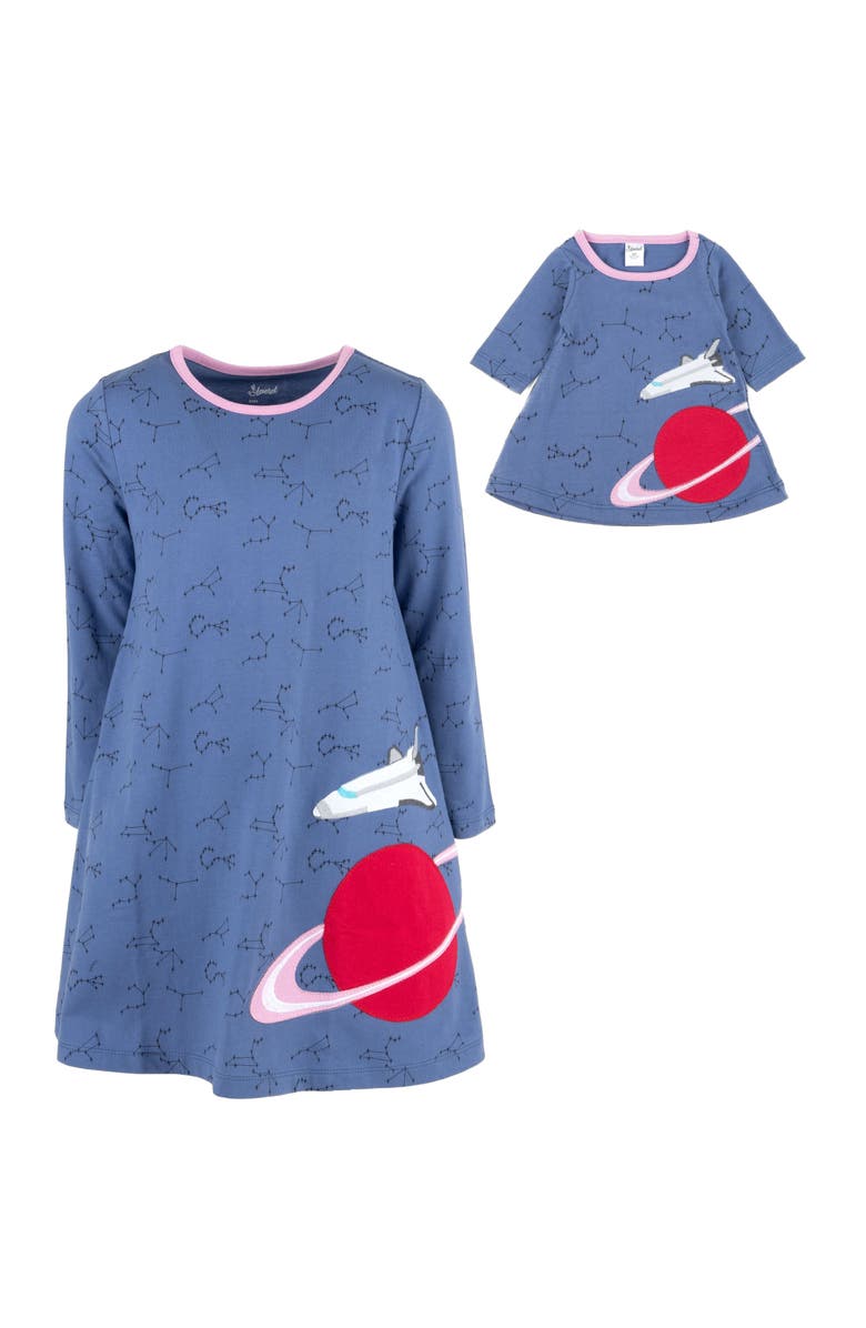Leveret Girls Cotton Dress with Matching Doll Dress, Printed Design, Alternate, color, Planet