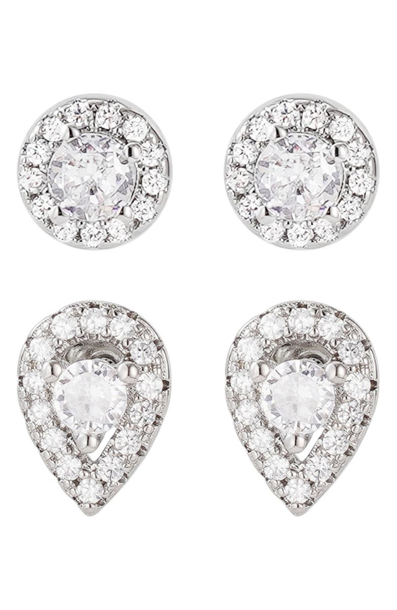 Adornia Set of 2 Halo Cubic Zirconia Stud Earrings, Main, color, Silver