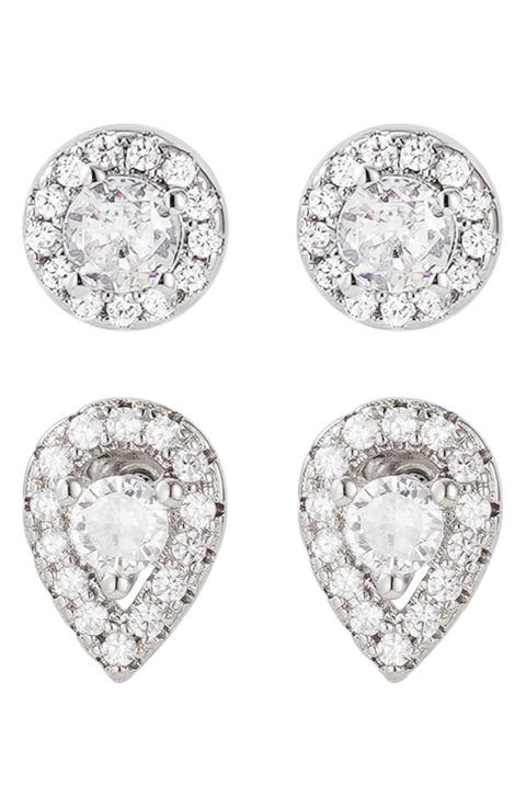 Set of 2 Halo Cubic Zirconia Stud Earrings