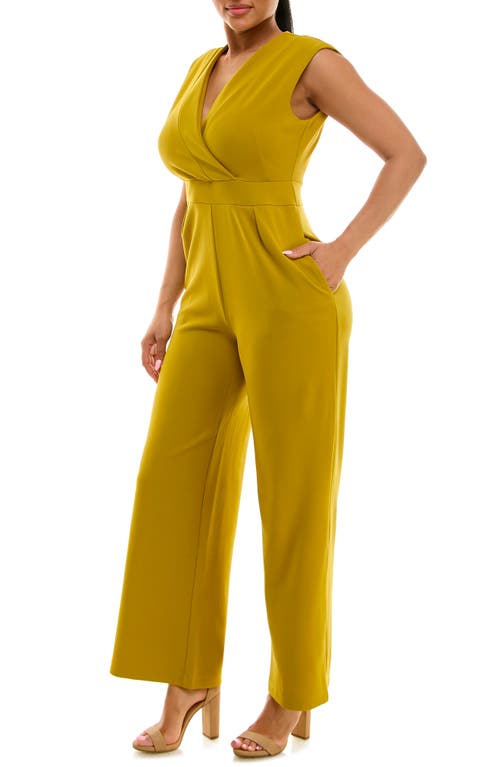 Nina Leonard Surplice V-neck Wide Leg Jumpsuit In Moss