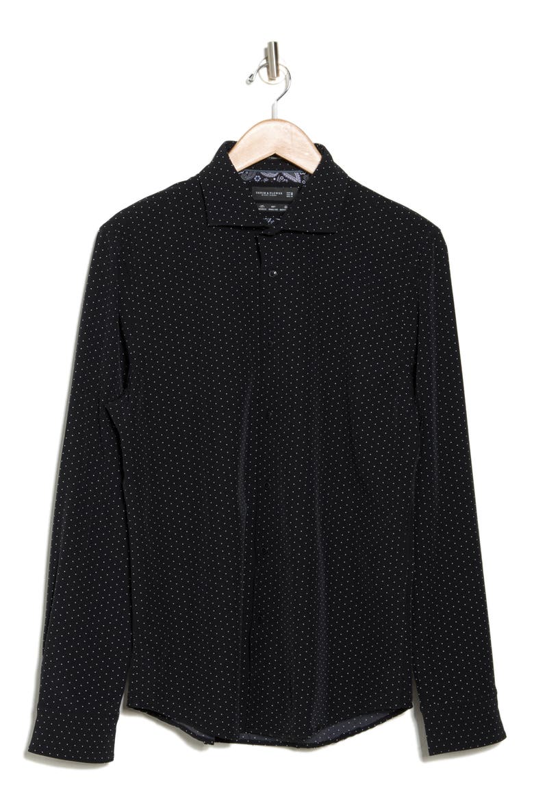 Polka Dot Print Long Sleeve Tech Button-Up Shirt, Alternate, color, BLACK