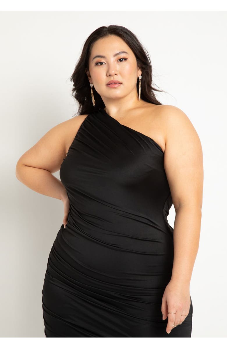 ELOQUII Ruched One Shoulder Dress, Alternate, color, Black Onyx