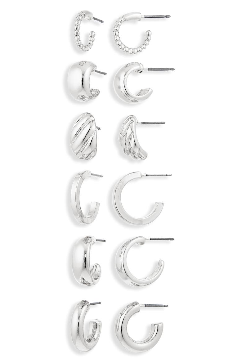 Set of 6 Huggie Hoop Earrings, Main, color, SILVER